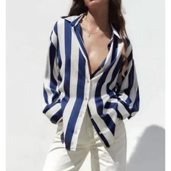 Zara Stripped Long Sleeve Collared Button-Up Oversized Shirt Blue White Small - Picture 1 of 7